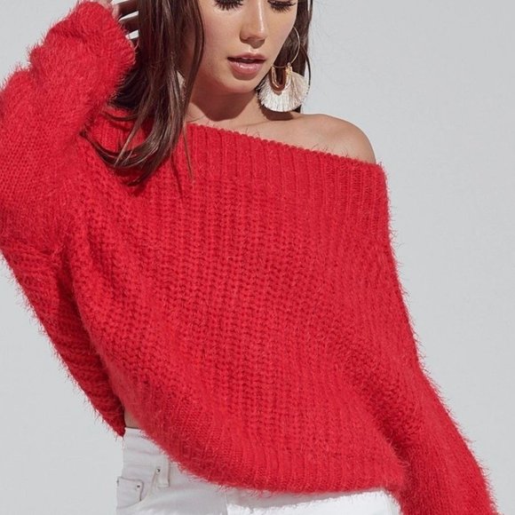 womens red off the shoulder sweater